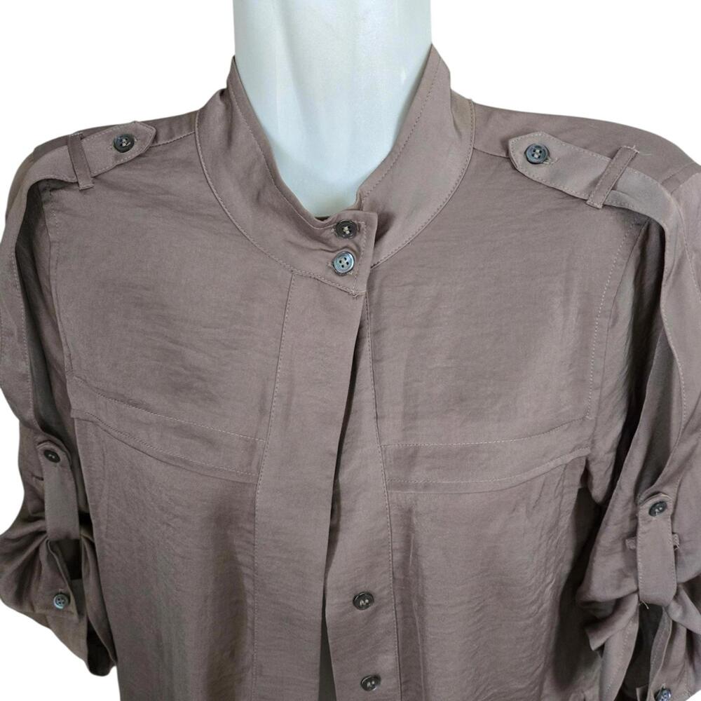 BCBG Women's Taupe Button-Up Blouse with Roll-Tab Sleeves‎ - Picture 2 of 7